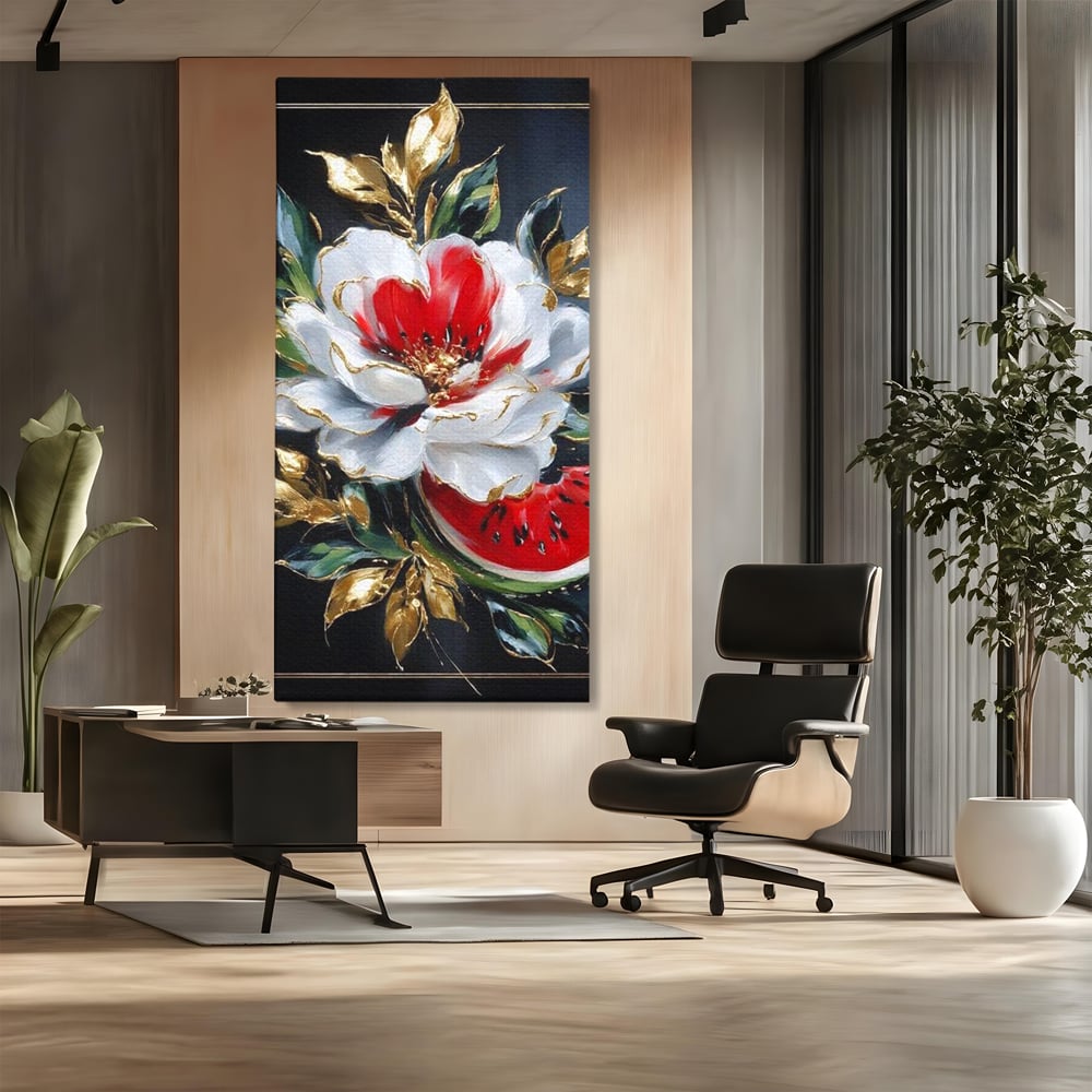 Tablou canvas cu tablou canvas cu floare si pepene, fara rama, pe sasiu de lemn, pe perete intr-un birou
